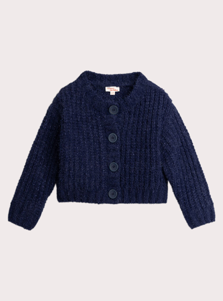 Navy blue feather knit cardigan for girls  VAJOCAR1 / 24W901H5CAR070