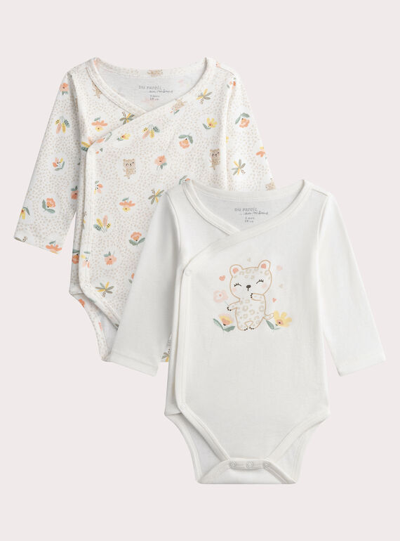 Pack of two newborn babies' bodysuits in ecru with a panther print WOU1BOD1 / 25SF0371BDN005