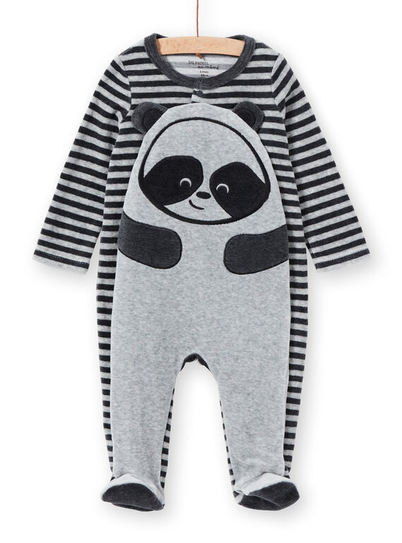 Boy's sleep suit in mottled striped velvet panda design LEGAGREPAN / 21SH1451GREJ922