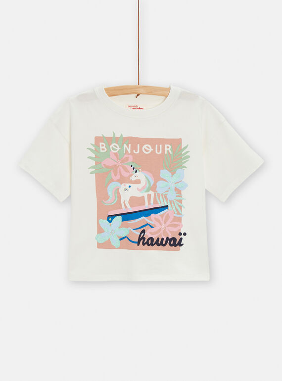 Girls' ecru T-shirt with fancy unicorn motif TAJOTI6 / 24S901C1TMC001