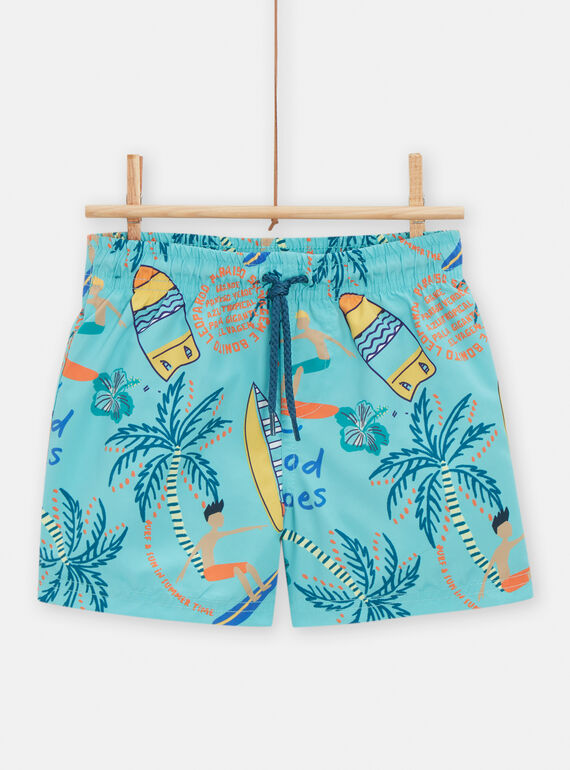 Boy's turquoise palm tree and surf print swim shorts TYOMERBOXSURF / 24SI02G4MAI202