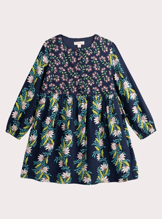 Floral patchwork printed navy dress for girls  VAKLIROB1 / 24W90142ROB070