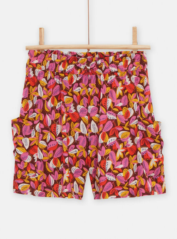 Brown flowing shorts with leaf print for girls TALISHORT2 / 24S901T1SHO816