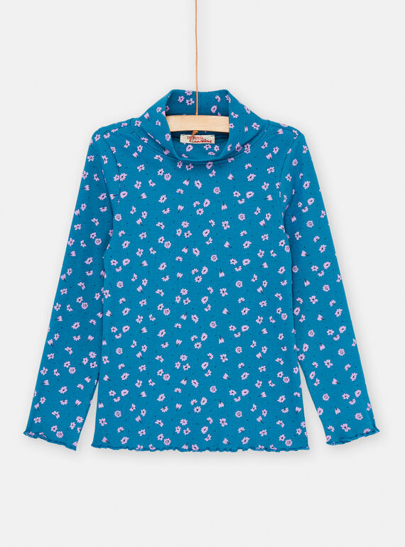 Girl's petrol blue floral print undershirt SAJOSOUP6 / 23W901N9SPL215