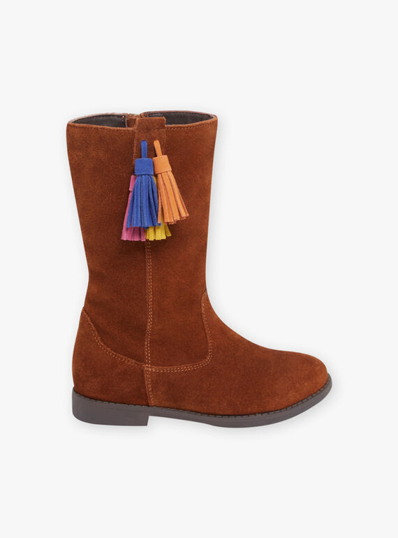 Child girl camel leather and tassel high boots MABOTTEMEL / 21XK3584D10804