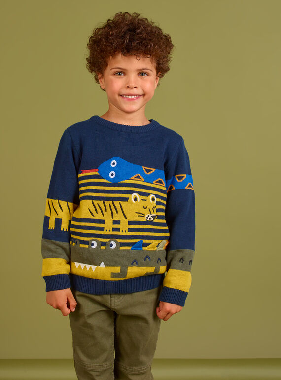 Night blue sweater with animal animations for boys MOKAPUL / 21W902I1PUL705