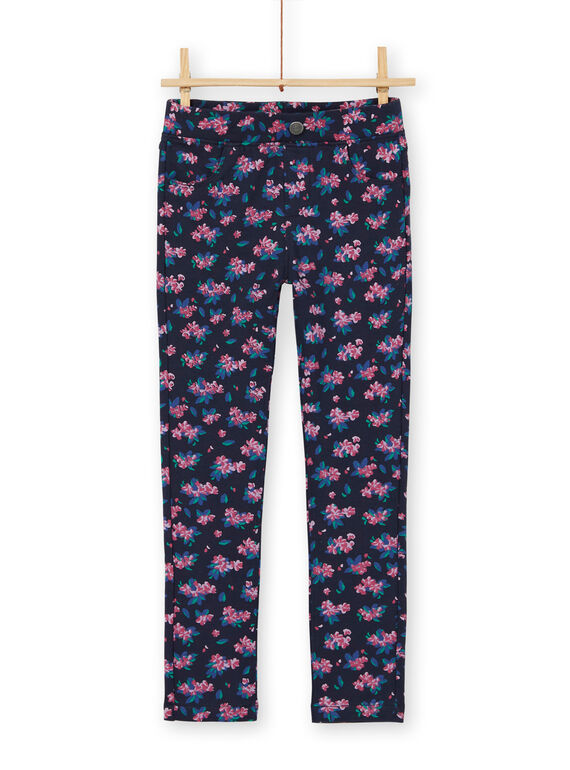 Dark blue and pink jeggings with floral print in brushed fleece LAJOPANT1 / 21S90133D2BC205