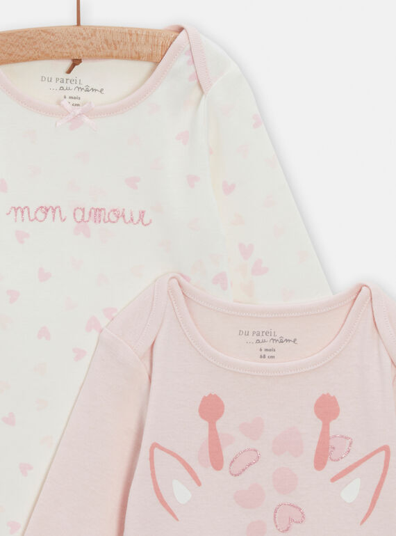 Set of 2 ecru and pink long-sleeved baby girl bodysuits TEFIBODGIR / 24SH1365BDLE408