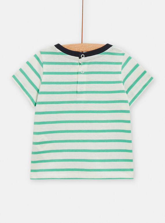 Ecru and green striped t-shirt with dinosaur animation for baby boys TUJOTI3 / 24SG10D3TMC003