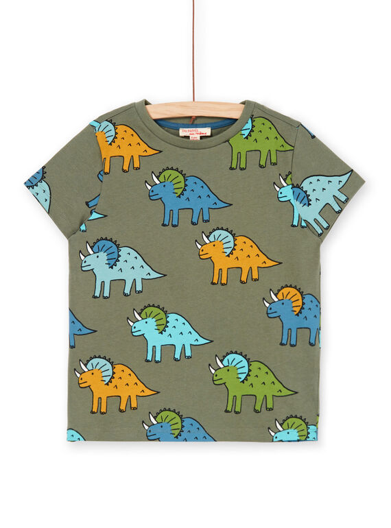 T-shirt khaki and blue dinosaur print child boy LOVERTI4 / 21S902Q2TMCG631