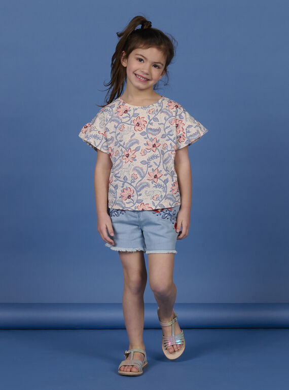 Child girl's cream, blue and pink short sleeve T-shirt NASANTI1 / 22S901S4TMCA002