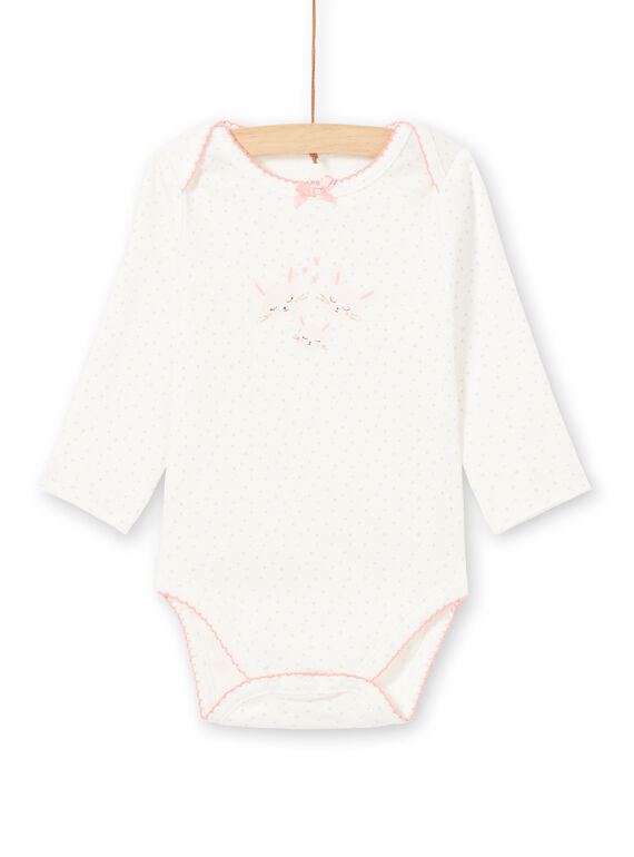 White long sleeve bodysuit with pink bunnies design for baby girl MEFIBODAMO / 21WH13B8BDL001