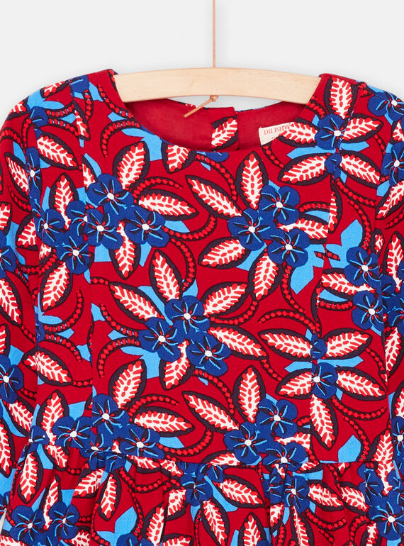 Girl's dress with carmine background and floral print SAFOROB1 / 23W901K2ROBF504