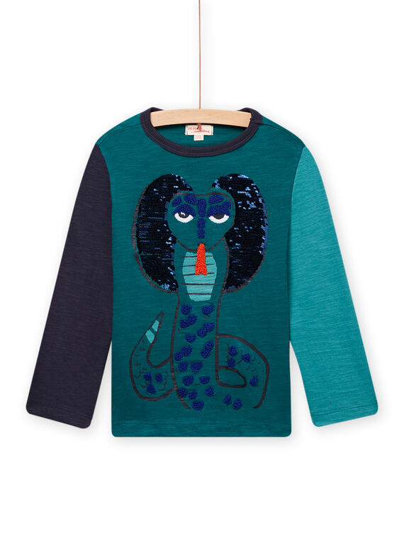 Turquoise blue T-shirt child boy with reversible sequins MOTUTEE1 / 21W902K5TML714