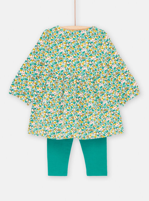 Baby girl ecru and green floral print outfit SIDUENS / 23WG09P1ENS001