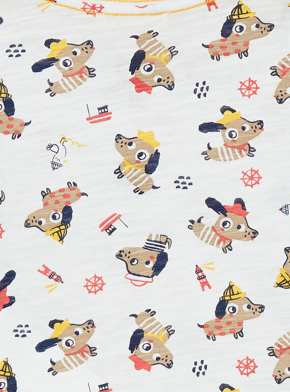 ecru T-shirt with dogs print and fancy cotton baby boy LUNOTUN / 21SG10L3TML001