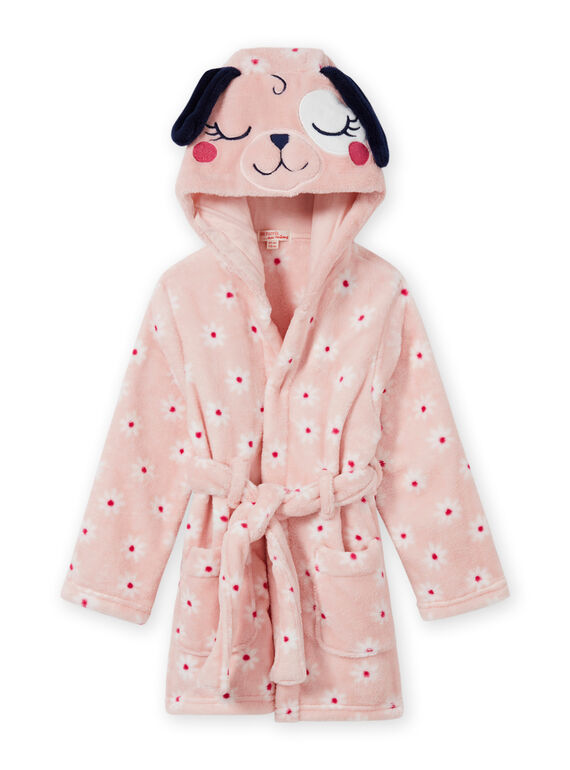 Pink bathrobe with flowery print and dog motif for children MEFAROBDOG / 21WH1181RDC307