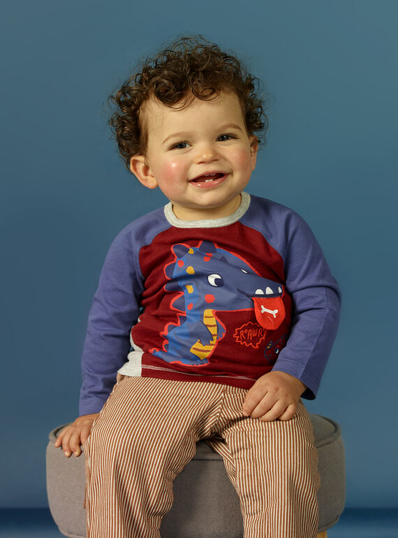 Baby boy's long sleeve burgundy t-shirt with dinosaur design MUPATEE1 / 21WG10H1TML719