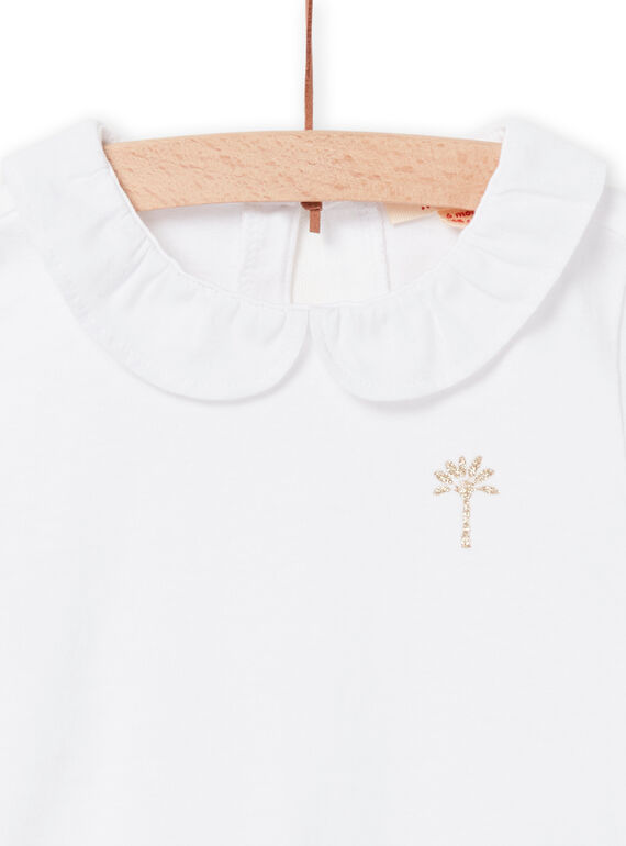 Baby girl's white t-shirt with golden palm tree and sailcloth collar NIJOBRA5 / 22SG09C1BRA000