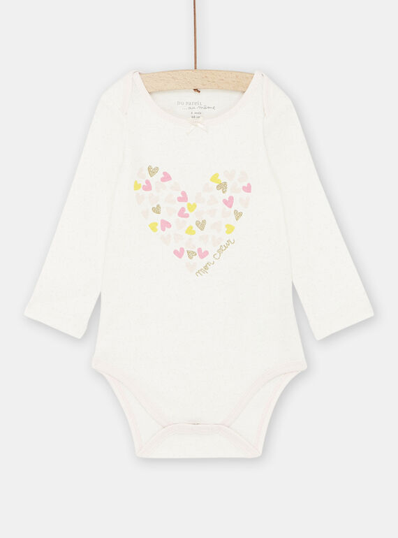 Baby girl ecru and pale pink bodysuit with hearts pattern SEFIBODLOV / 23WH1365BDL001