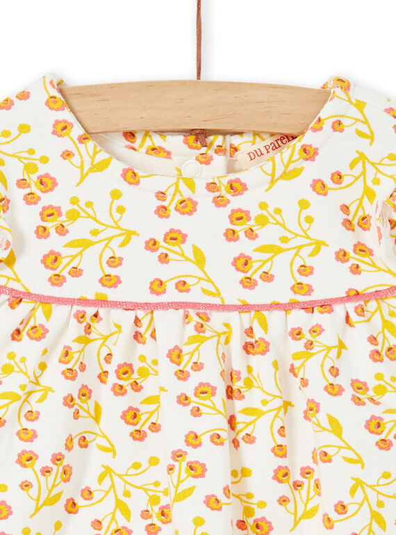 White and yellow dress set with floral print and white and red leggings with baby girl stripes LINAUENS1 / 21SG09L2ENS001