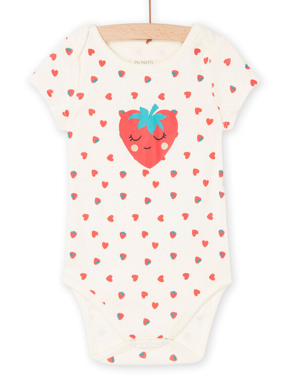 Ecru organic cotton bodysuit with strawberries and hearts print REFIBODFRAI / 23SH1315BDL001