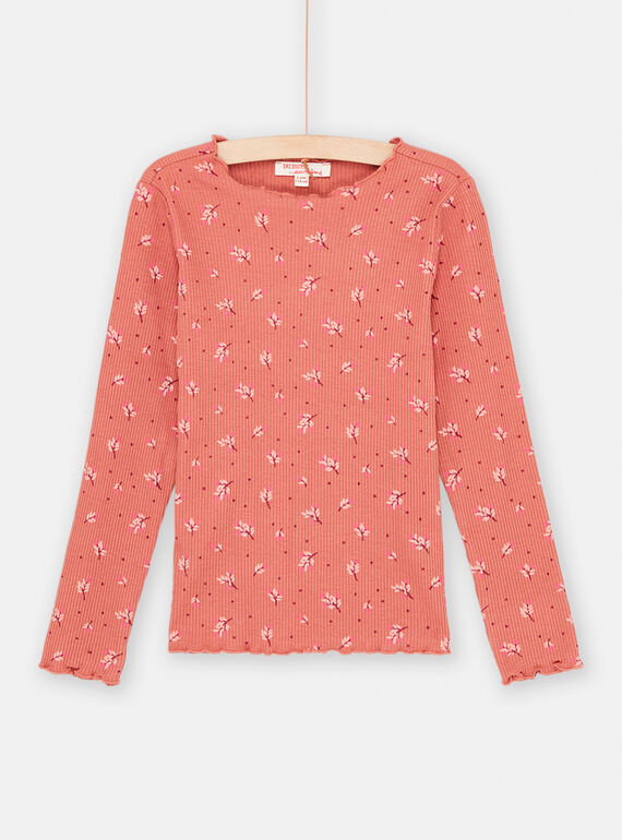 Girl's terracotta t-shirt with floral print SAJOUTEE2 / 23W901G3TMLE415