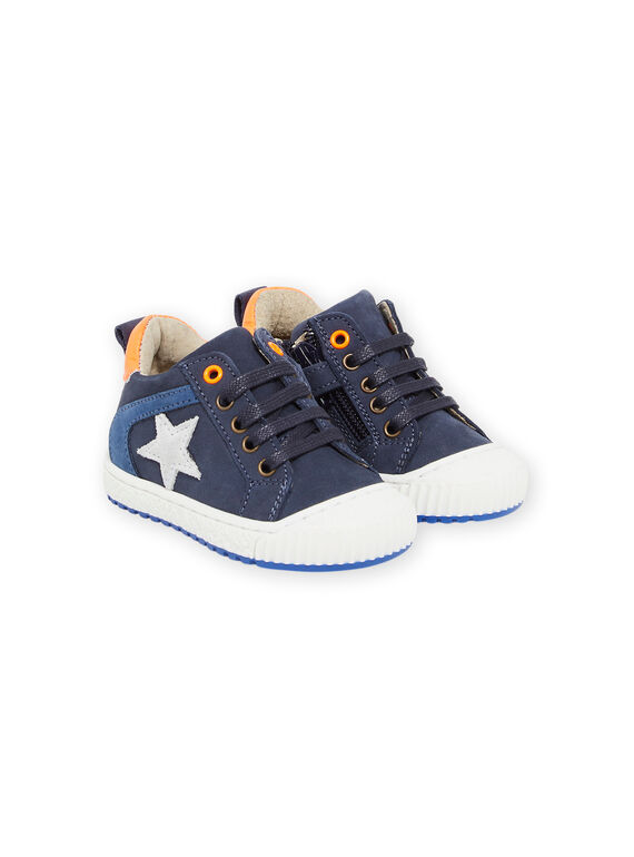 Navy blue leather high top sneakers with fluorescent details PUBASFLUO / 22XK3883D3Q070