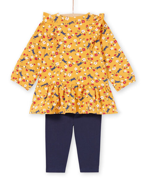 Baby Girl Mustard Yellow Floral Print Dress & Navy Blue Leggings MIMIXENS / 21WG09J1ENSB106