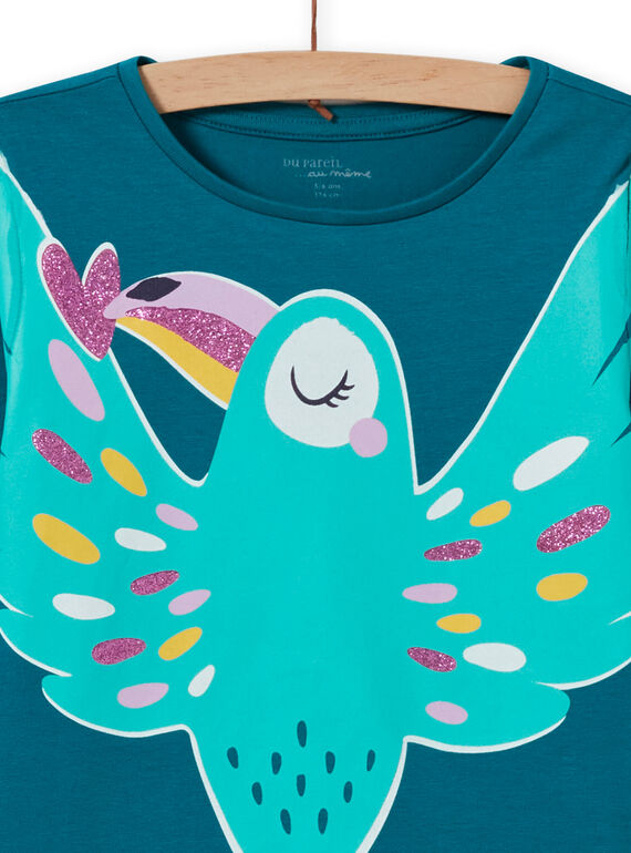 Girl's phosphorescent bird turquoise pajama set MEFAPYJTOU / 21WH1172PYGC217