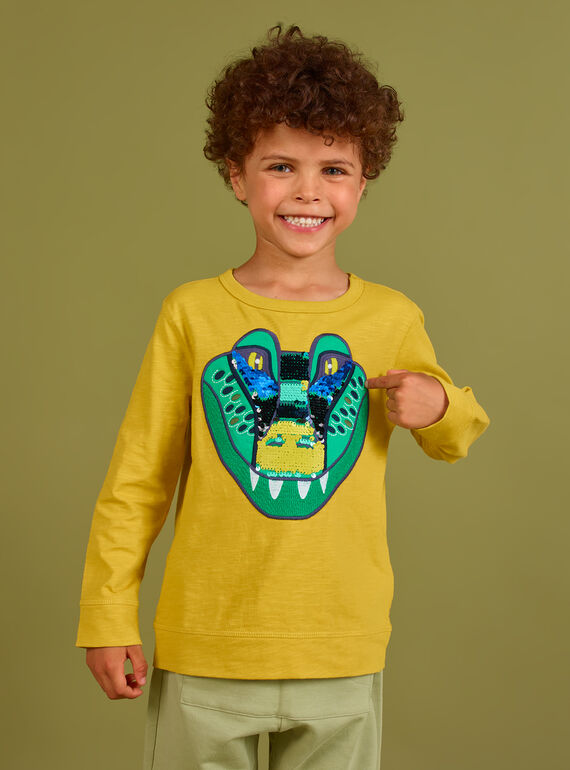 Boy's yellow crocodile T-shirt with reversible sequins MOKATEE2 / 21W902I3TML106