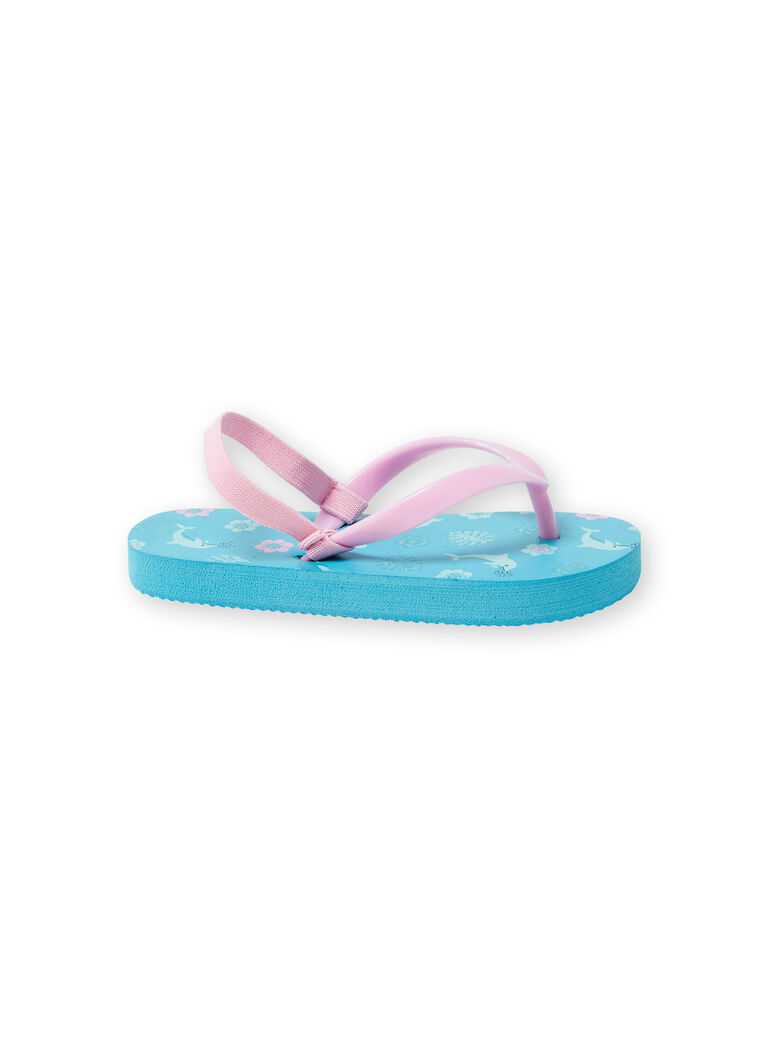 Girl's turquoise dolphin, flower and leaf print flip flops LFTONGMER / 21KK3564D01202
