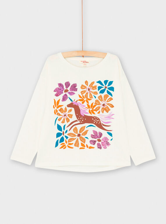 Girl's ecru unicorn and flower T-shirt SAVERTEE1 / 23W901J2TML001