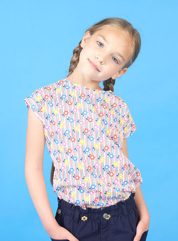 Pink and blue T-shirt with stripes and floral print child girl LAHATI2 / 21S901X2TMC001
