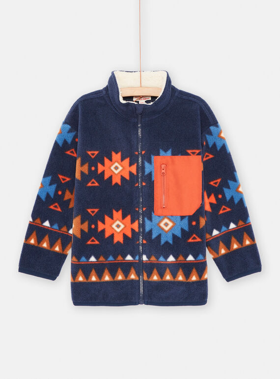 Boy's midnight blue fleece vest with ethnic print SOJOGITEK1 / 23W902M2GIL705