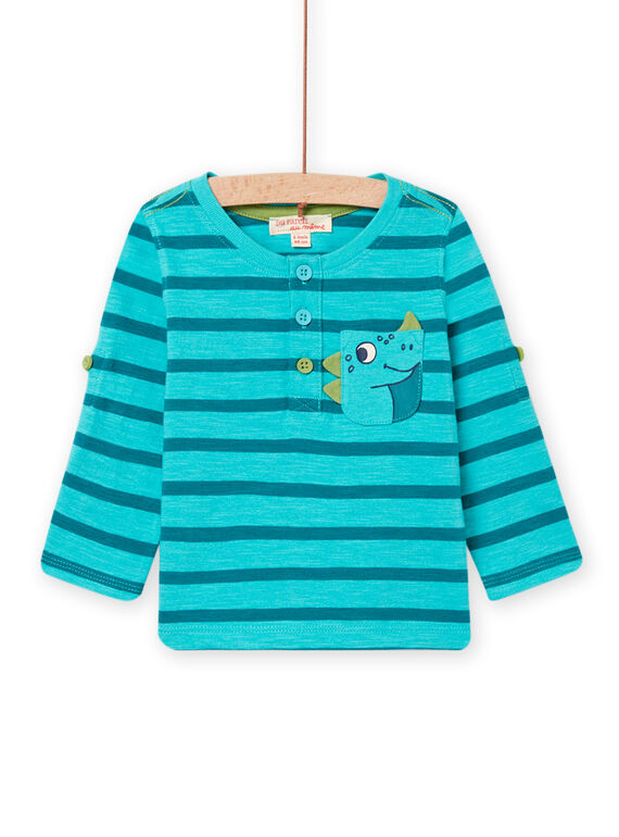 Turquoise striped T-shirt with dinosaur design baby boy NUJOTUN1 / 22SG1074TML202