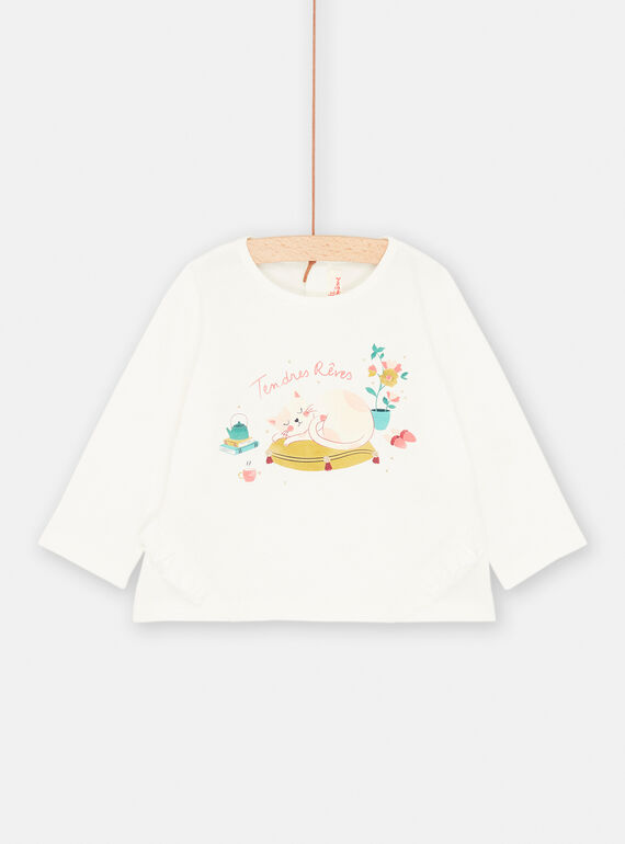 Baby girl ecru T-shirt with sleeping cat motif SIDUTEE / 23WG09P1TML001