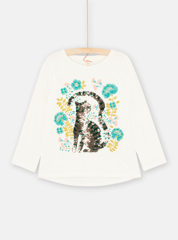 Girl's ecru t-shirt with cat animation SADUTEE3 / 23W901P3TML001