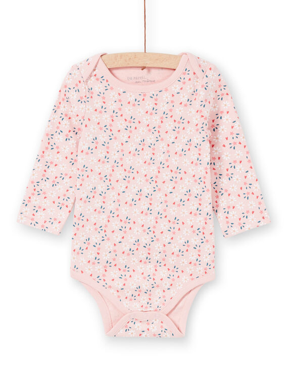 Long-sleeved girl's layette bodysuit pink floral print LEFIBODPLU / 21SH132BBDLD329