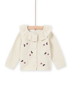 Baby girl's ecru knitted cardigan with ruffled collar and flowers MIHICAR1 / 21WG09U1CAR003