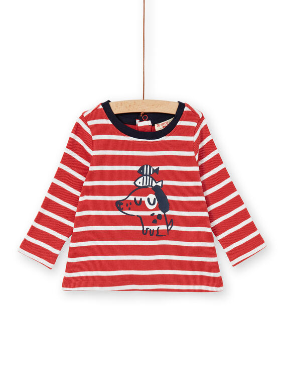 Red and white striped cotton t-shirt baby boy LUJOTEE5 / 21SG1031TML410