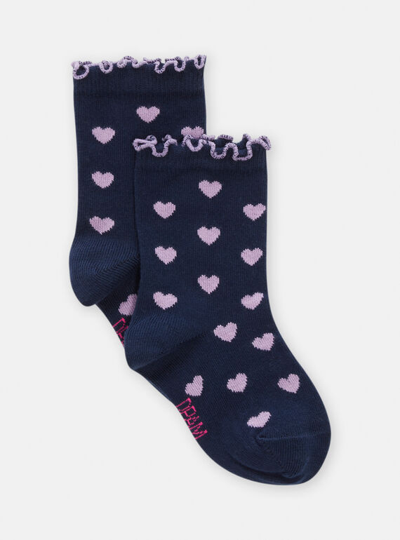 Navy blue socks with heart print for girls TYAJOSCHO2A / 24SI0181SOQ070