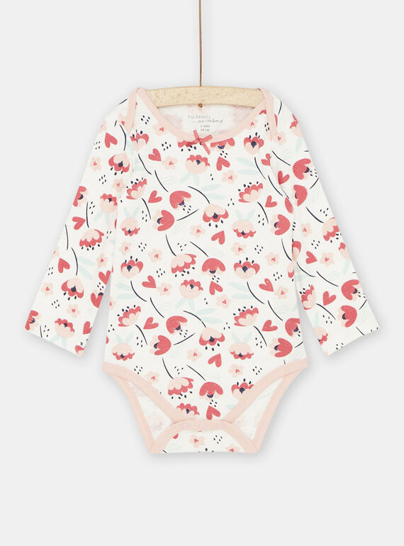Baby Girl Ecru & Pink Poppy Print Bodysuit SEFIBODMAX / 23WH1361BDL001