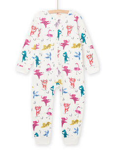 Ecru fleece jumpsuit with multicolored animal print child girl MEFACOMBAOP / 21WH1191D4F001