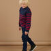 Midnight blue sweater with red stripes