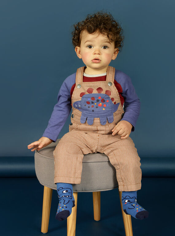 Baby boy's brown and ecru striped twill overalls with dinosaur animation MUPASAL / 21WG10H1SALI811