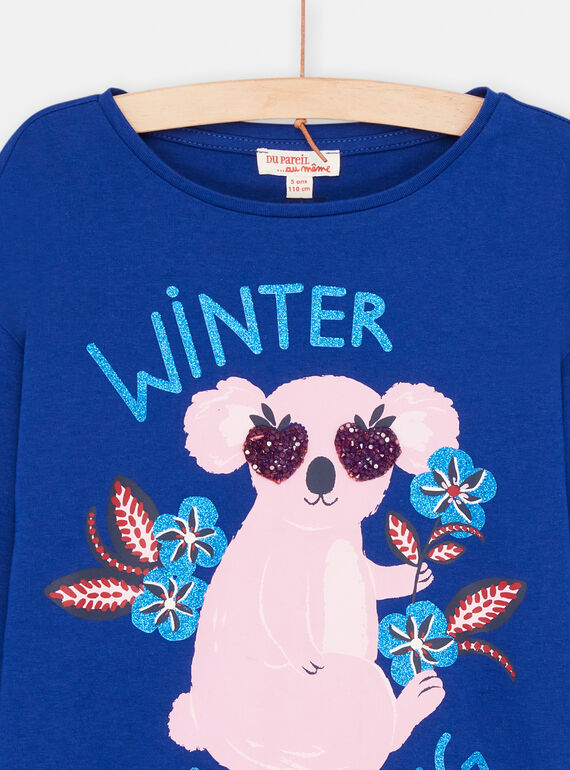 Girl's blue animated koala T-shirt SAFORTEE1 / 23W901K2TMLC214
