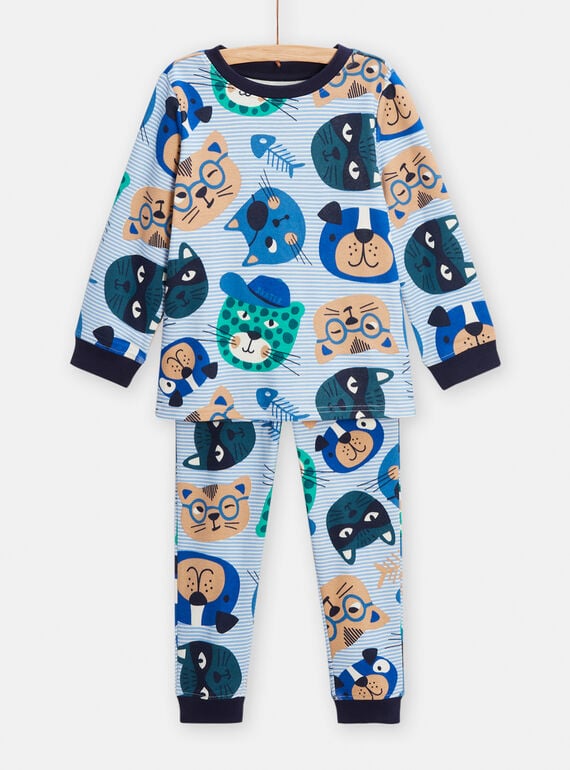 Blue pyjamas with dog and cat print and stripes for boys TEGOPYJTETE / 24SH124BPYJ001