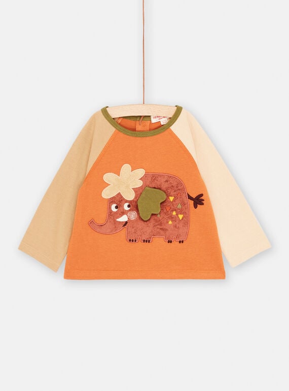 Baby boy's brick and beige animated elephant T-shirt SUCOUTEE1 / 23WG10L3TML403
