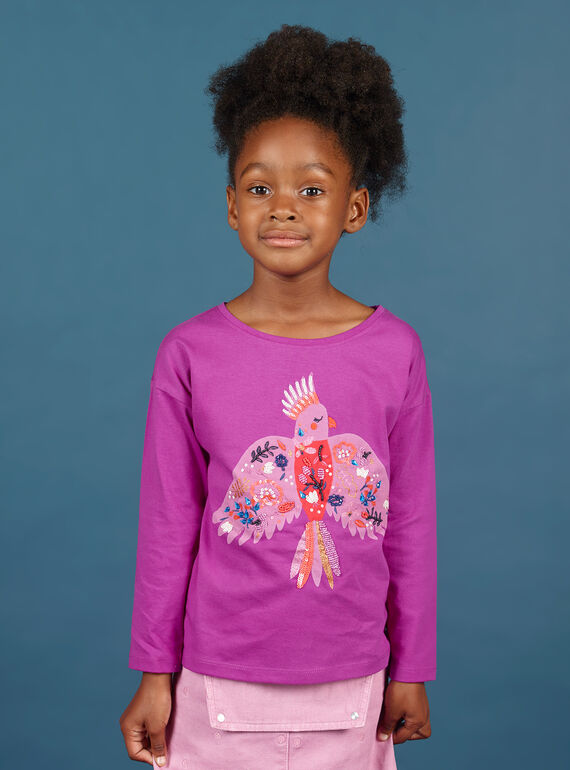 Long sleeved purple T-shirt with parrot design child girl MAPATI1 / 21W901H3TML712